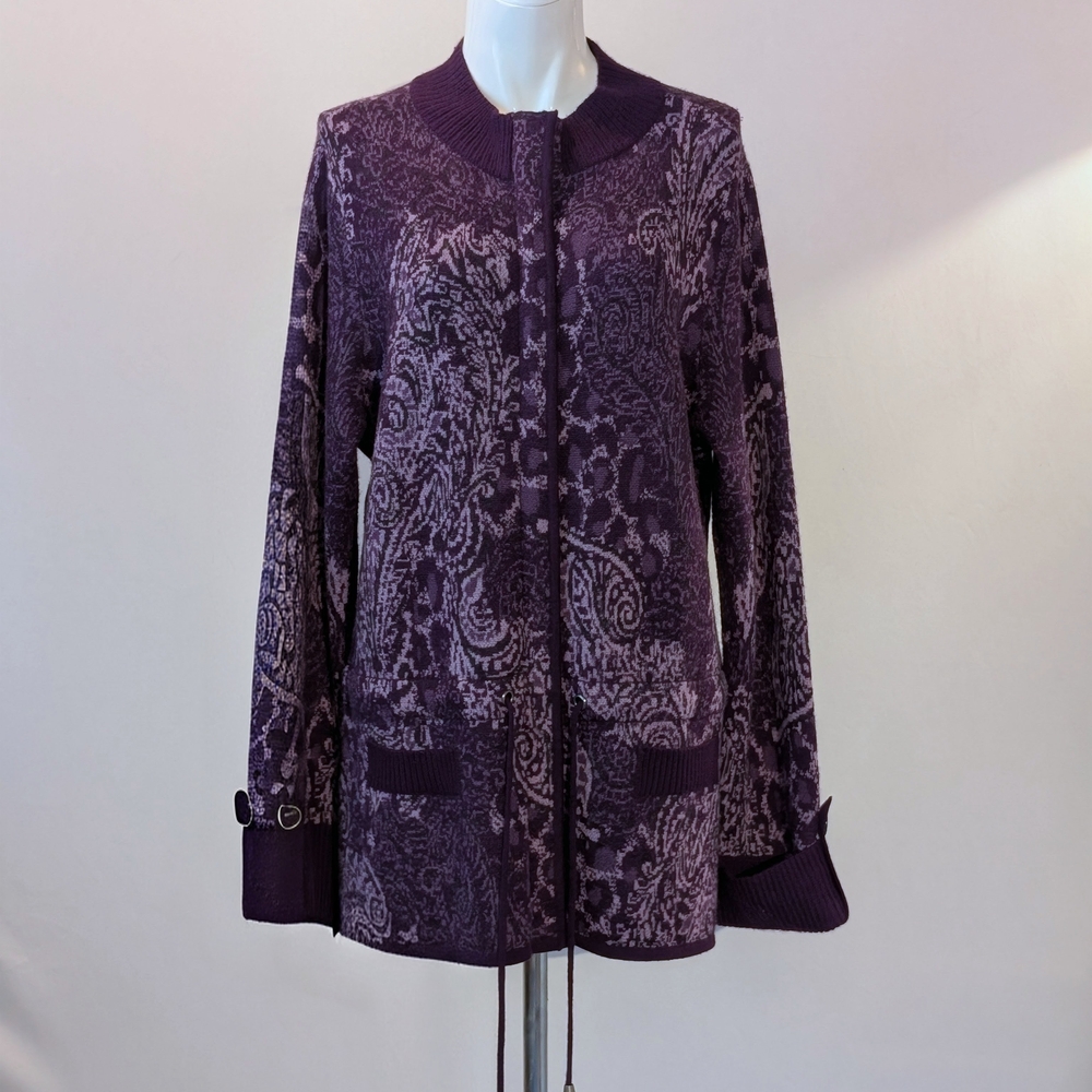 Pendleton Purple Paisley Knit Long-Sleeve Cardigan Jacket Merino Wool Size L NWT